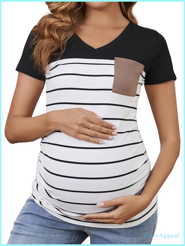 Maternity T-Shirt Short Sleeve V-Neck Pocket Top Stretch Cotton Spandex